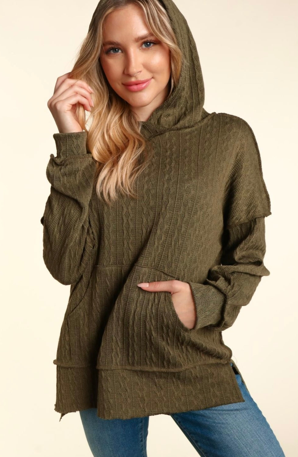 Dark Olive Cable Knit Textured Hooded Shirt