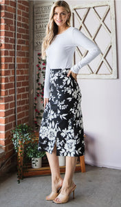 Black & White Floral Midi Skirt