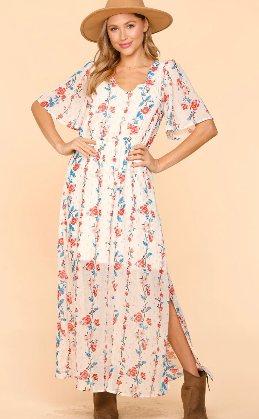 Ivory Floral Print Dress with Pockets