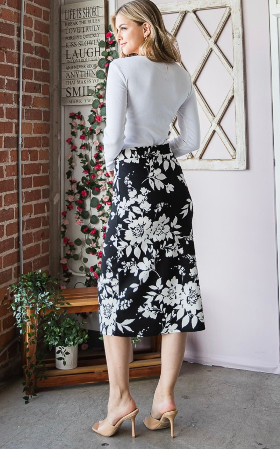 Black & White Floral Midi Skirt