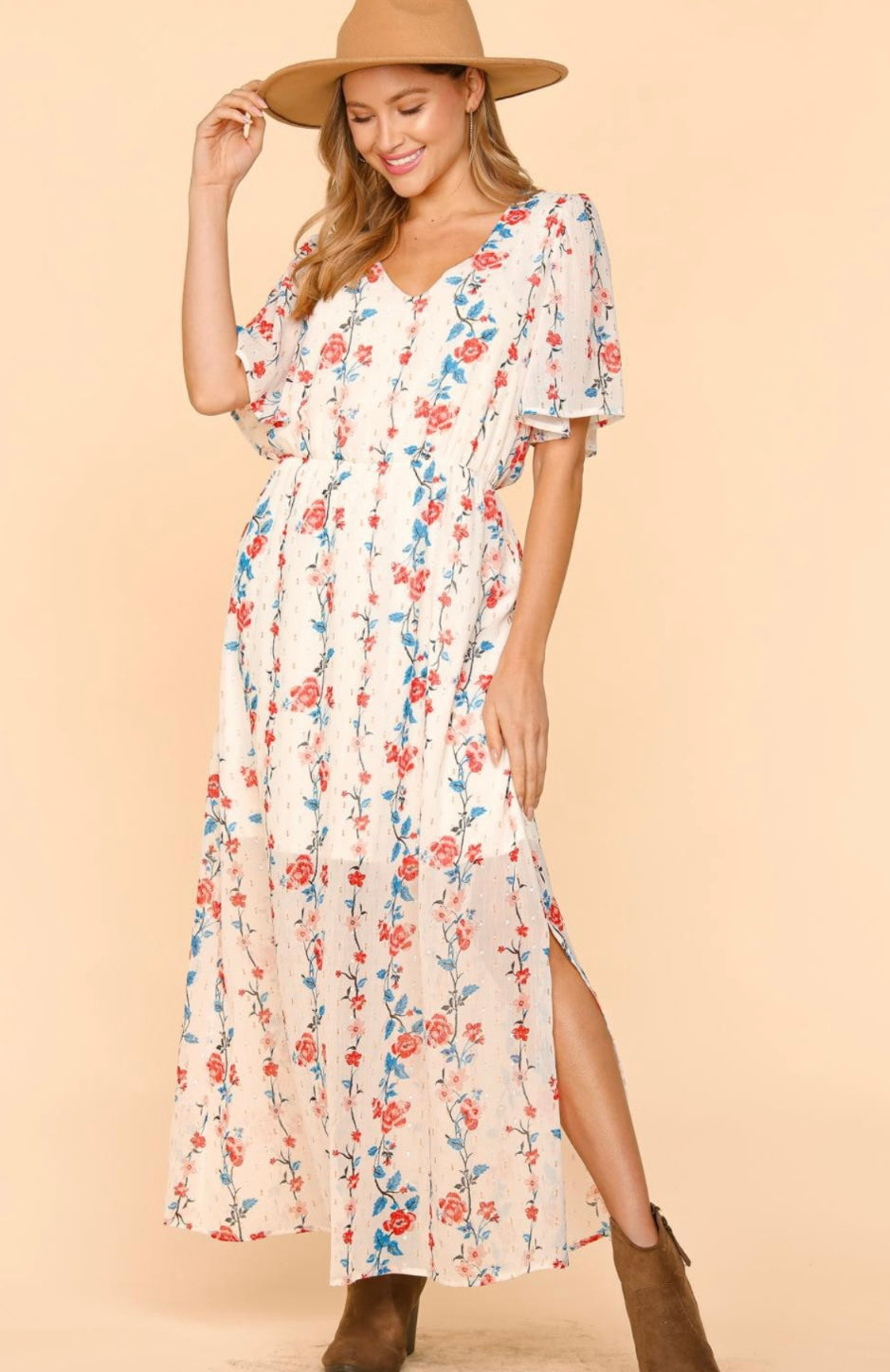 Ivory Floral Print Dress with Pockets