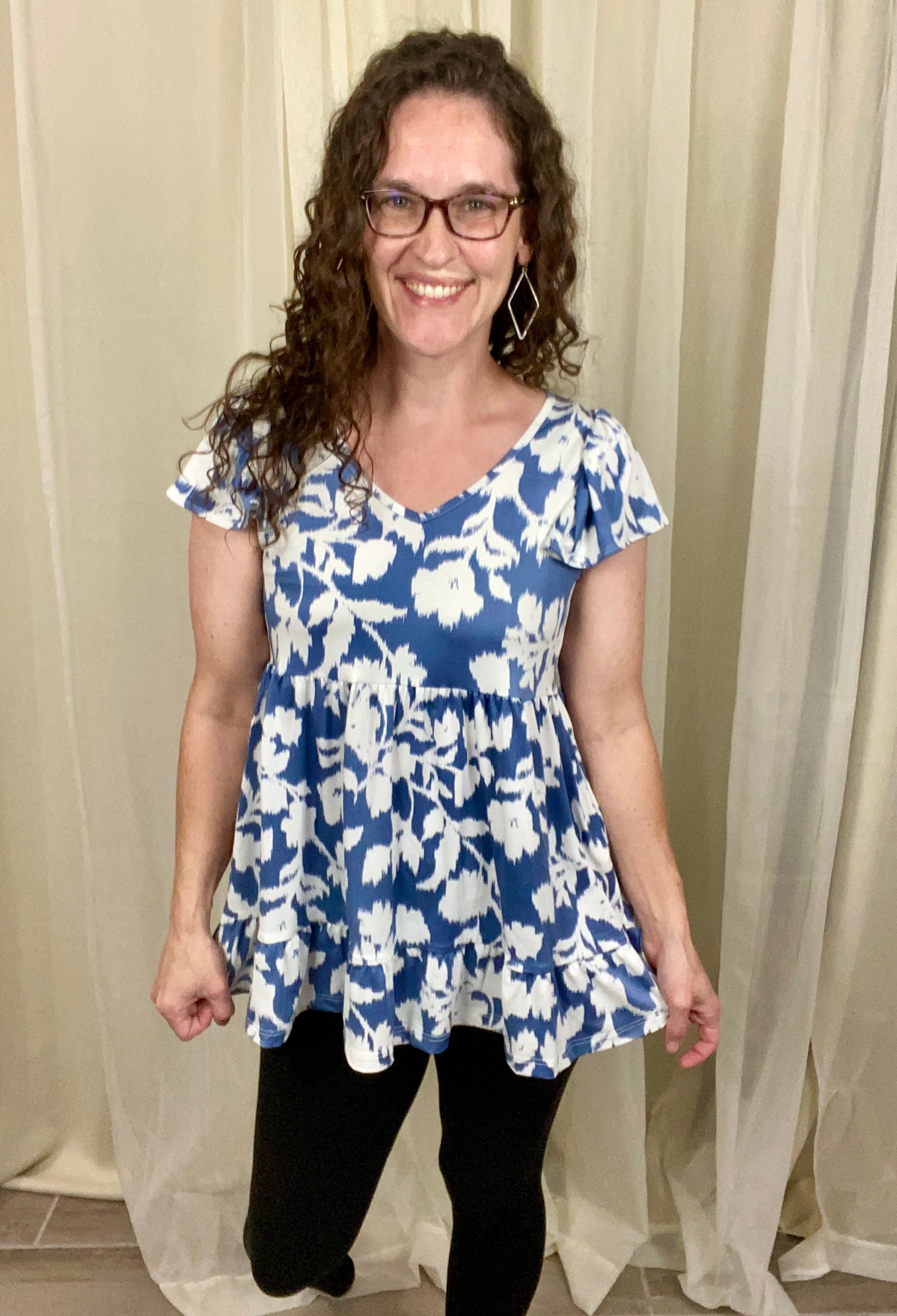 Blue & White Watercolor Floral Babydoll Top