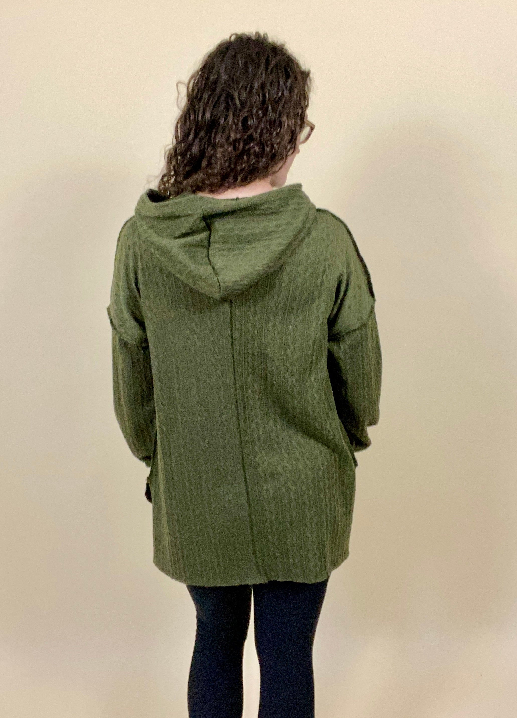 Dark Olive Cable Knit Textured Hooded Shirt