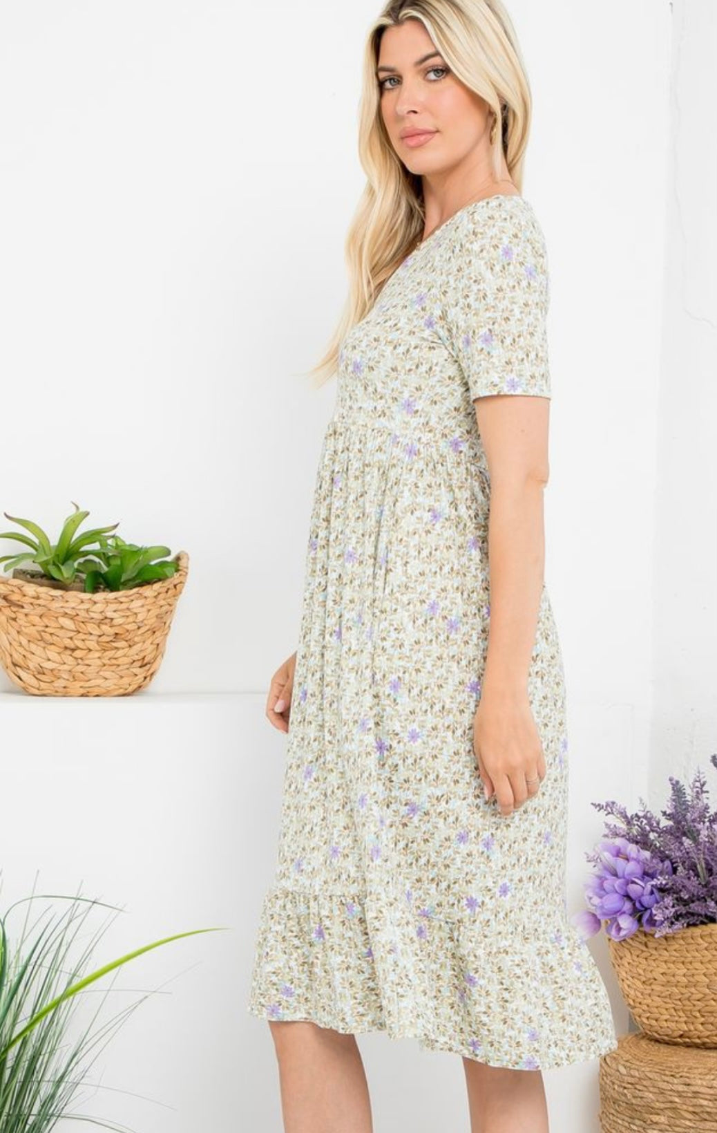 Sage & Lavender Floral Ruffle Hem Dress