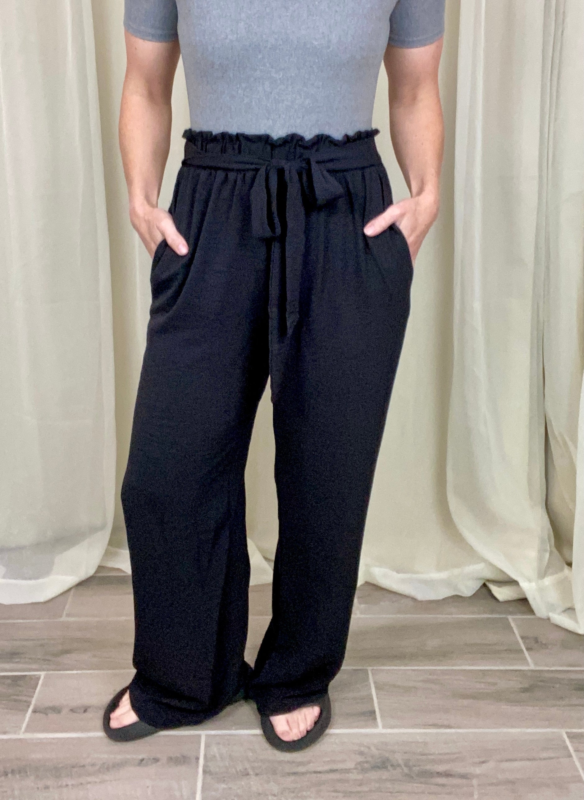 Black Paperbag Pants with Adjustable Tie