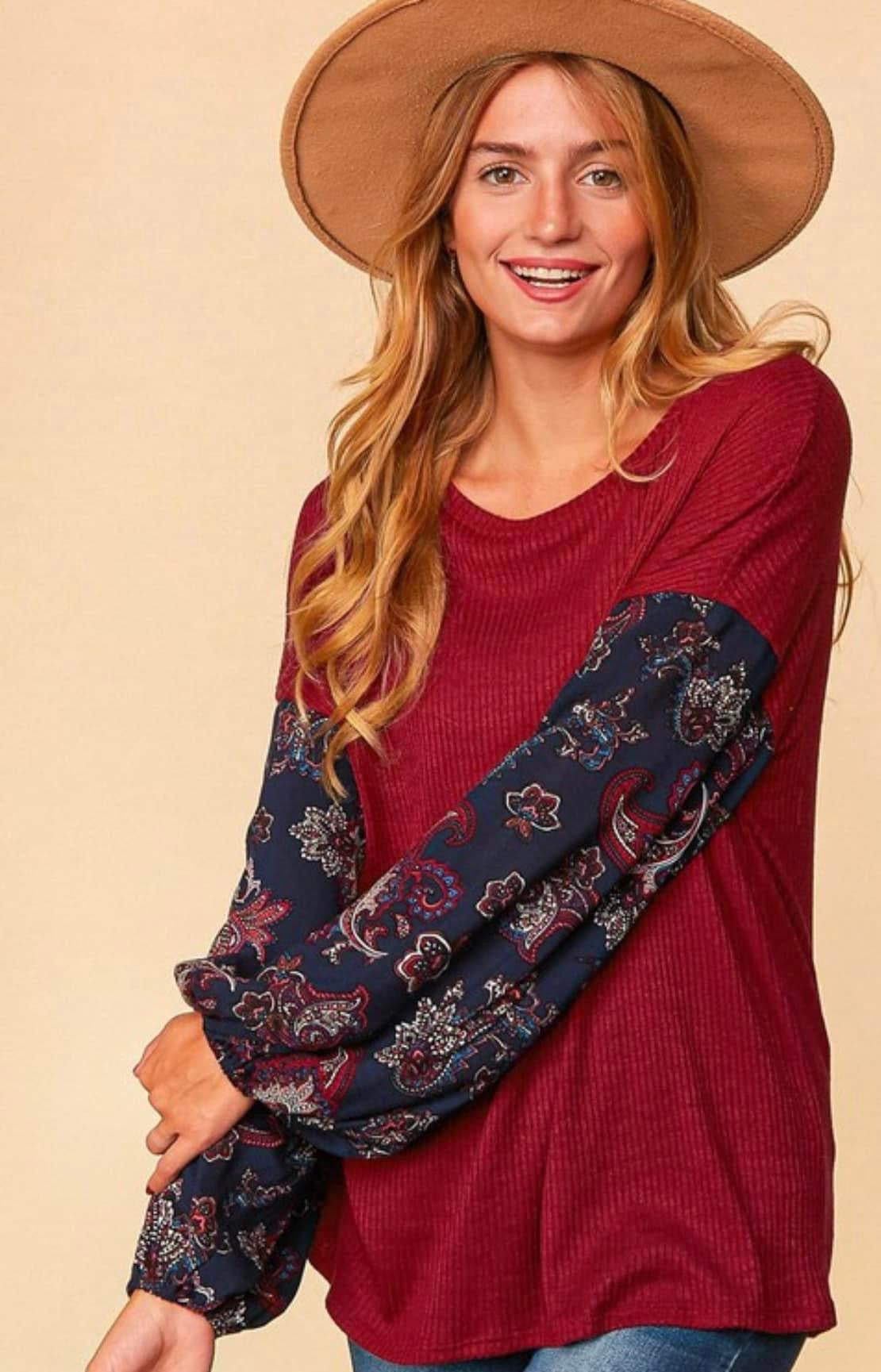 Burgundy Paisley Challis Bubble Sleeve Top