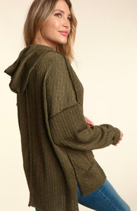 Dark Olive Cable Knit Textured Hooded Shirt