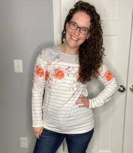 Gray Color Block with Stripes & Floral Design Top