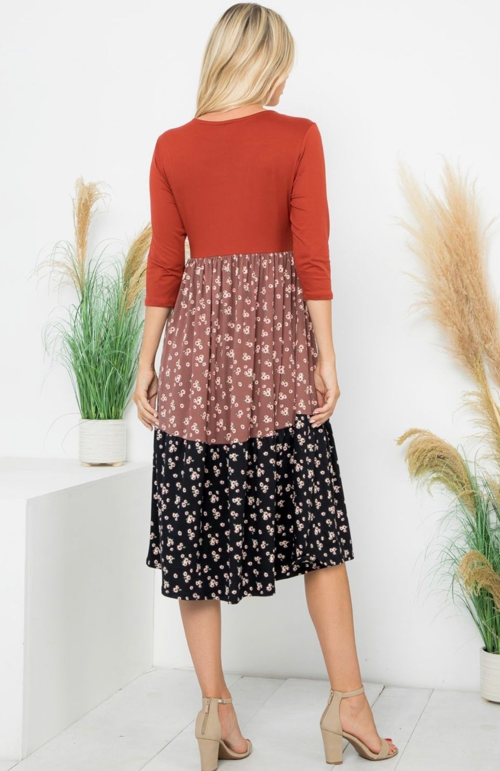 Fall Floral Color Block Midi Dress