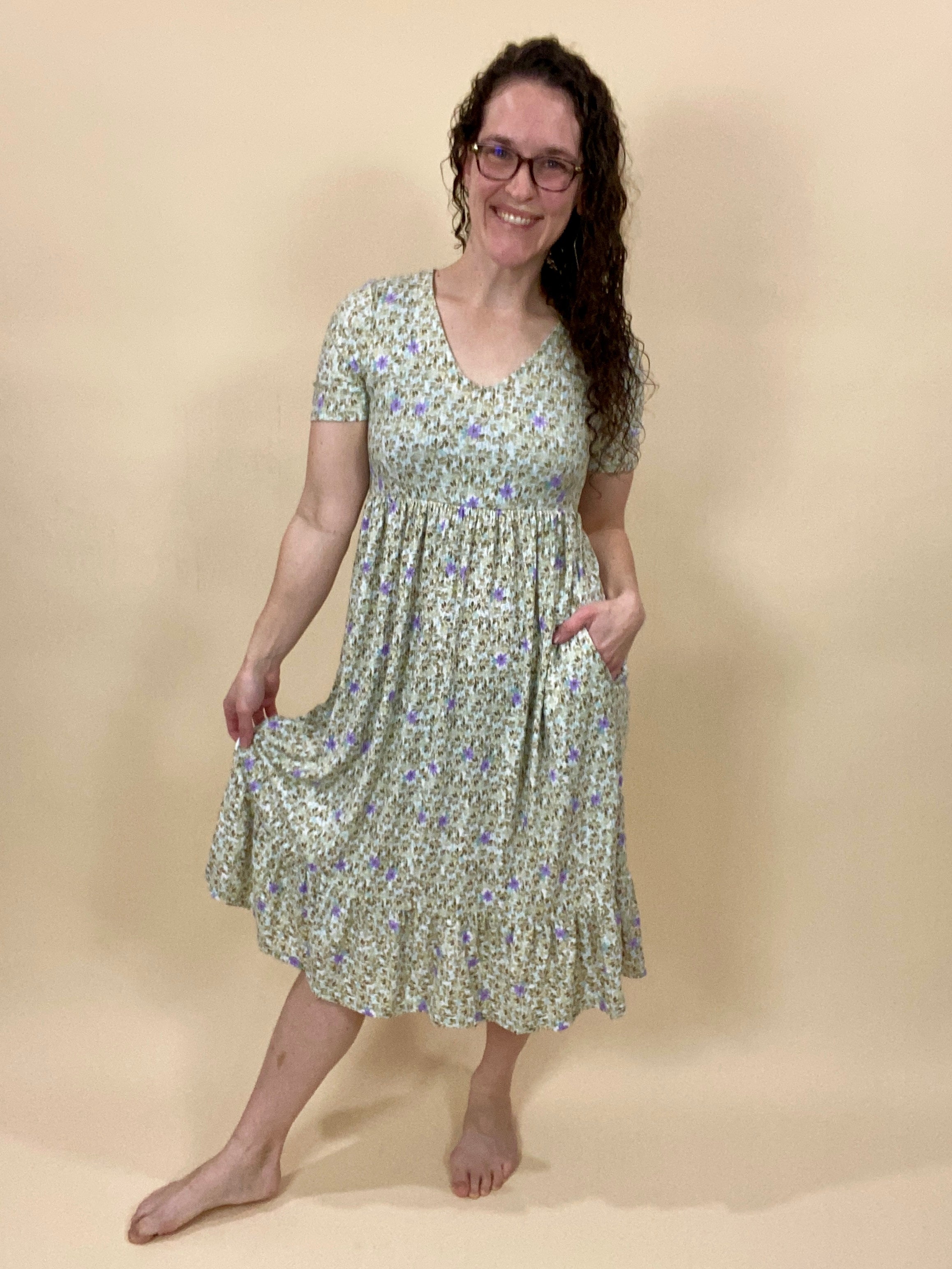 Sage & Lavender Floral Ruffle Hem Dress