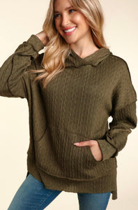 Dark Olive Cable Knit Textured Hooded Shirt