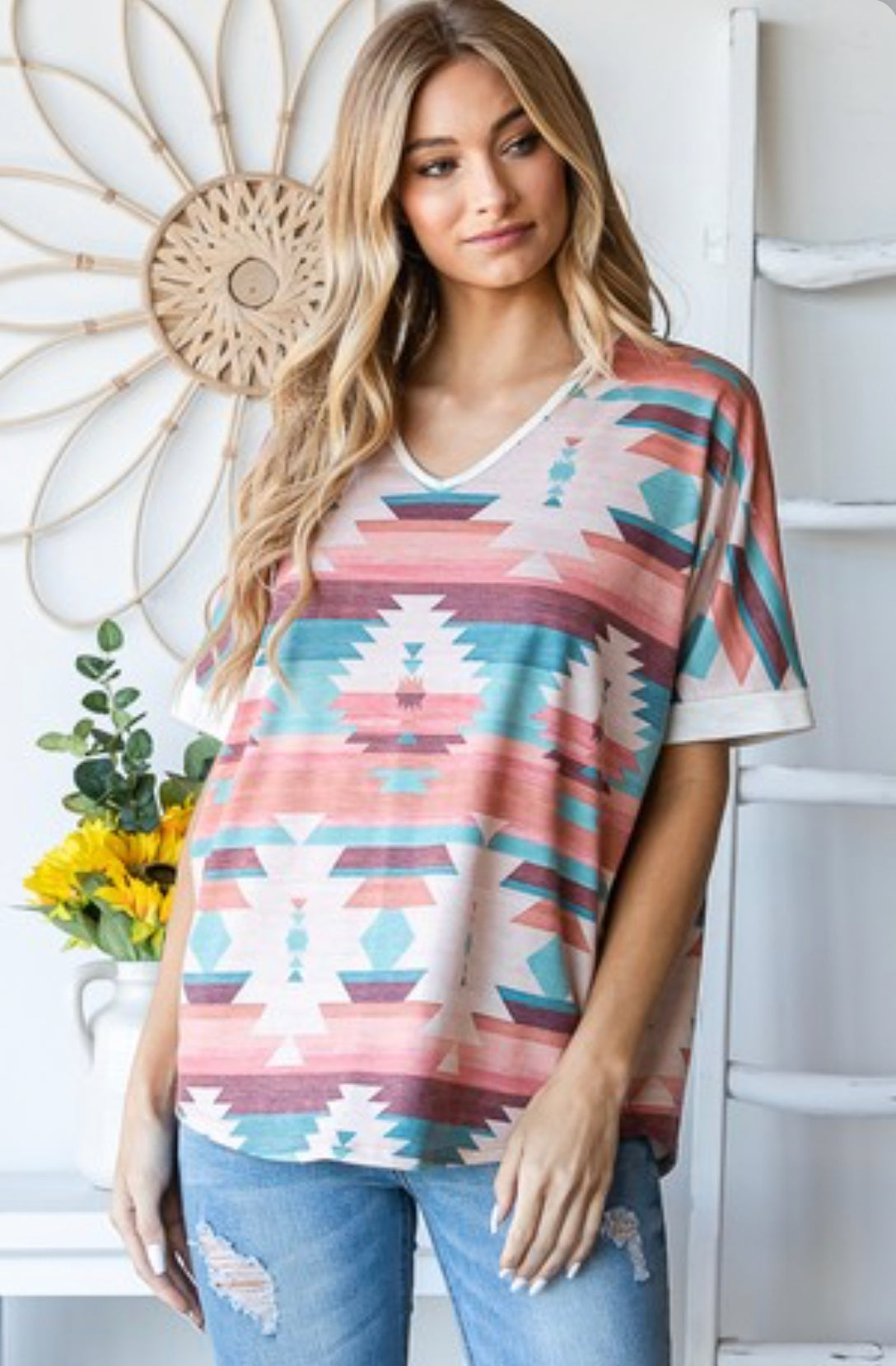 Blush Jewel Toned Aztec Dolman Top