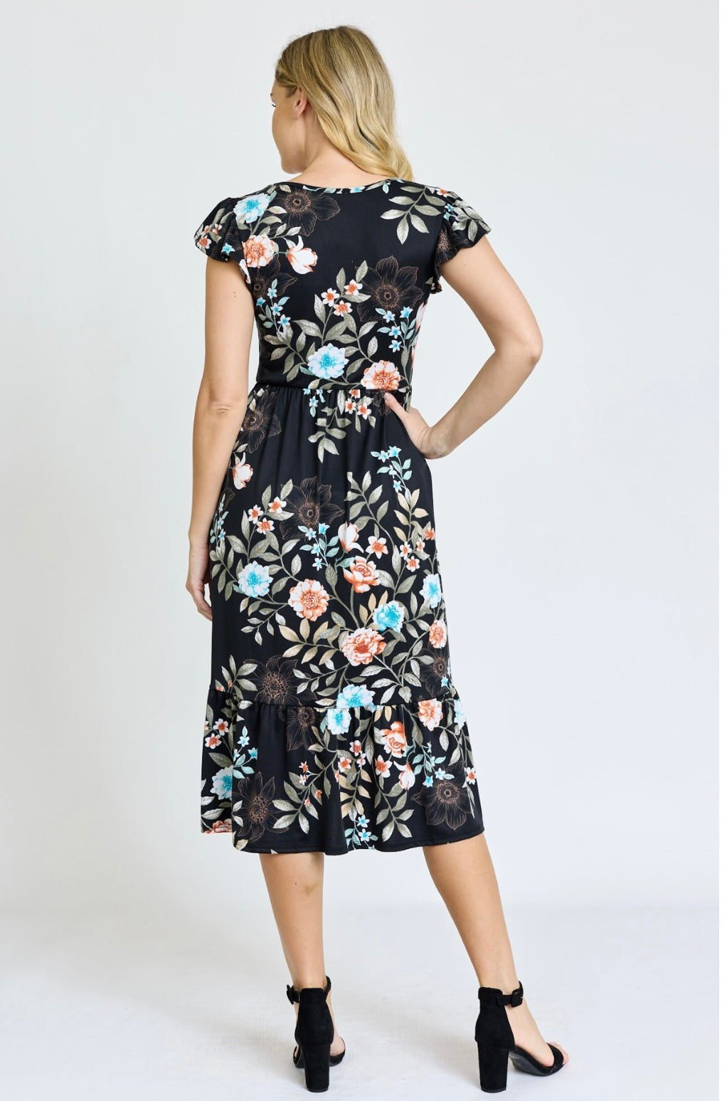 Black Turquoise/Coral Floral Flutter Sleeve Sundress