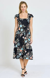 Black Turquoise/Coral Floral Flutter Sleeve Sundress