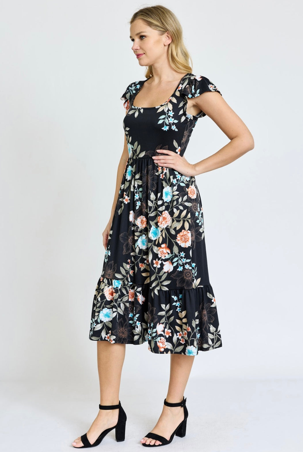 Black Turquoise/Coral Floral Flutter Sleeve Sundress