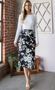 Black & White Floral Midi Skirt