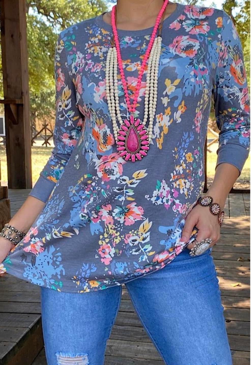 Navy Multi Color Floral 3/4 Sleeve Top