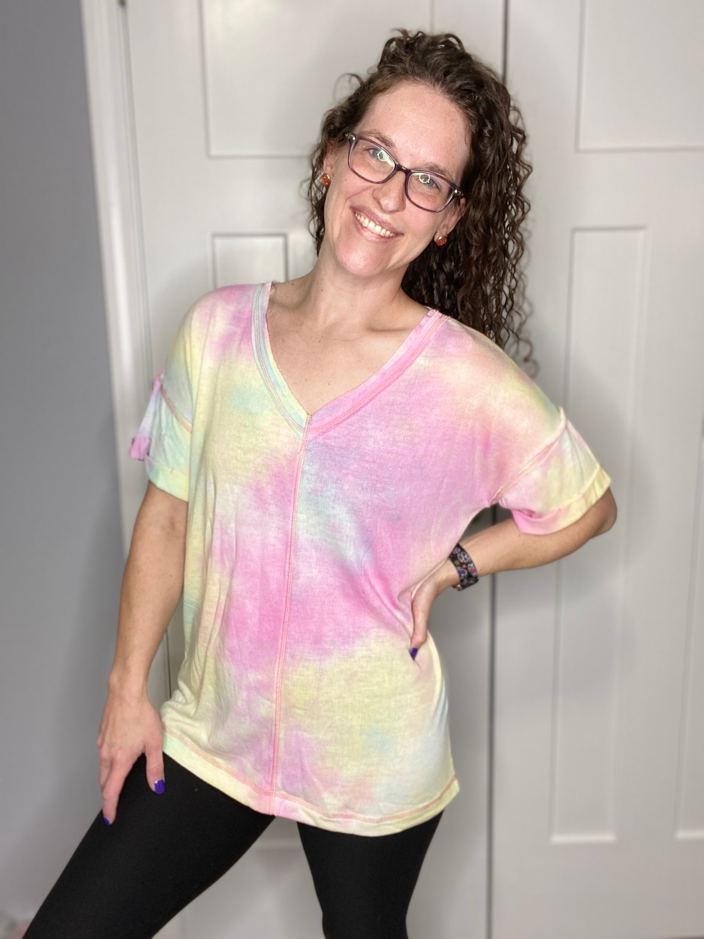 Pastel Tie Dye Raw Hem VNeck Top