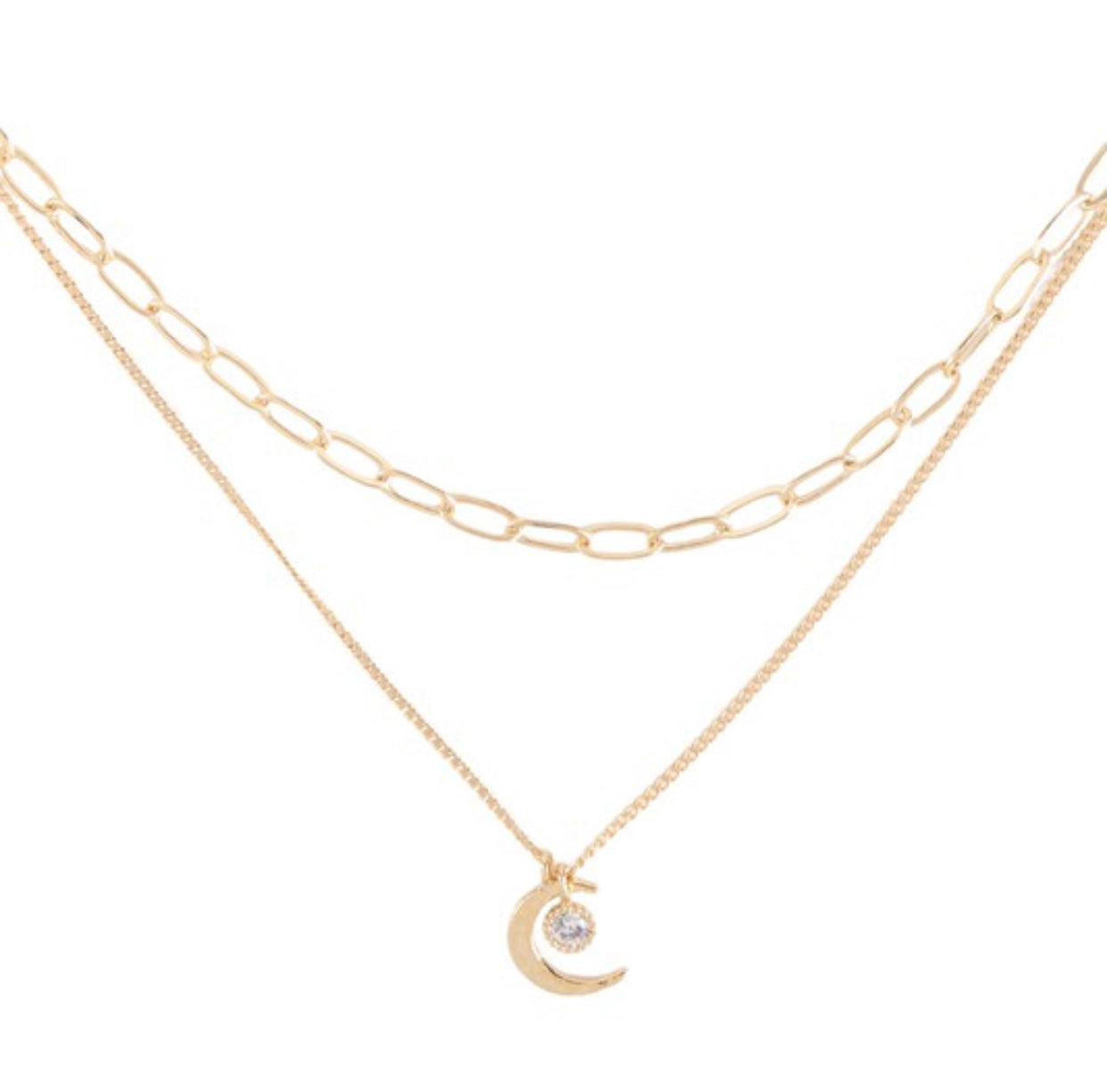 2 Layer Moon & Rhinestone Pendant Necklace