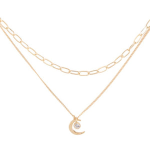 2 Layer Moon & Rhinestone Pendant Necklace