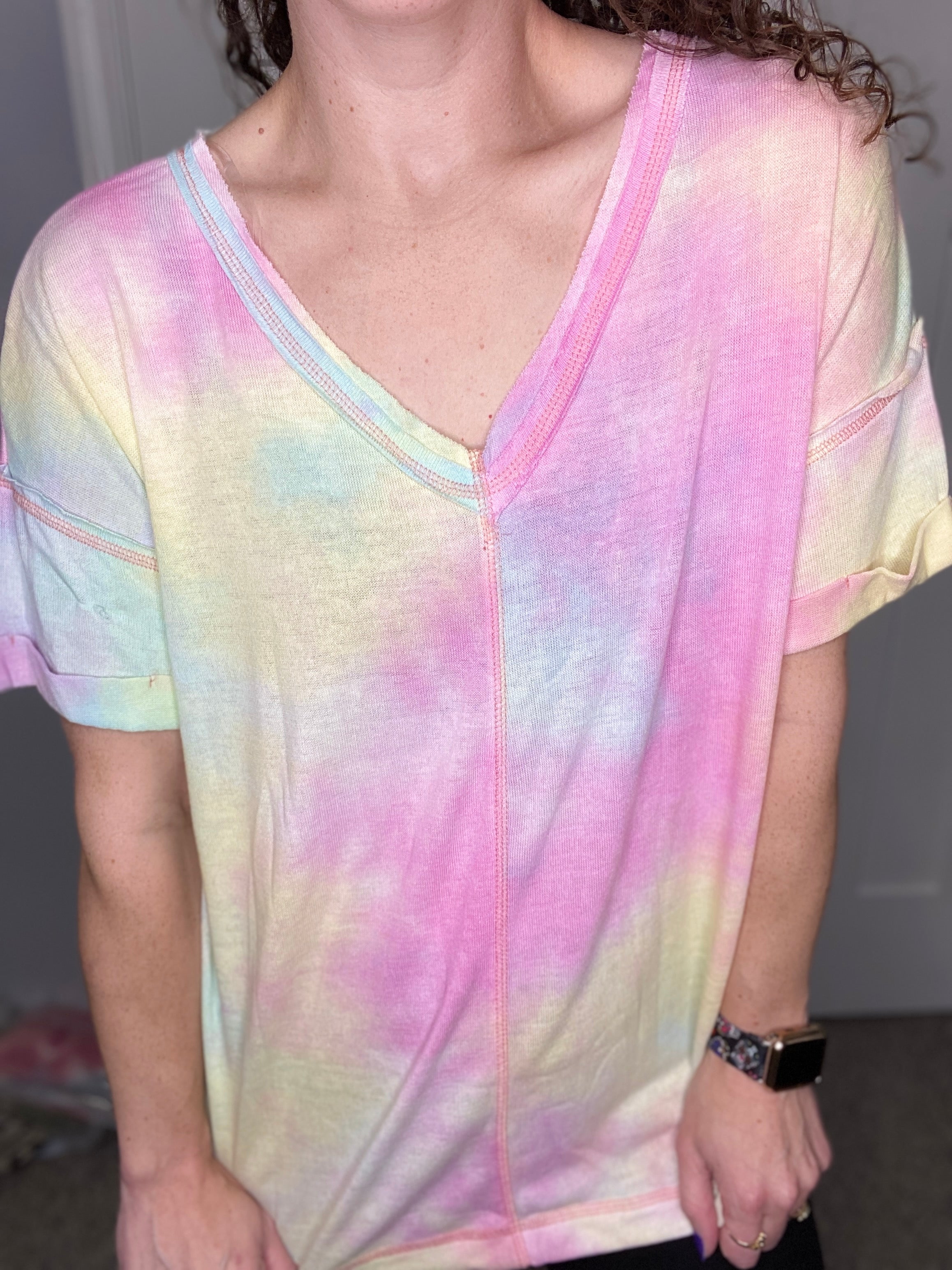 Pastel Tie Dye Raw Hem VNeck Top