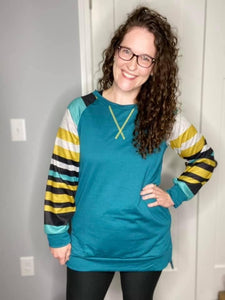 Teal Striped Sleeves Tunic Top