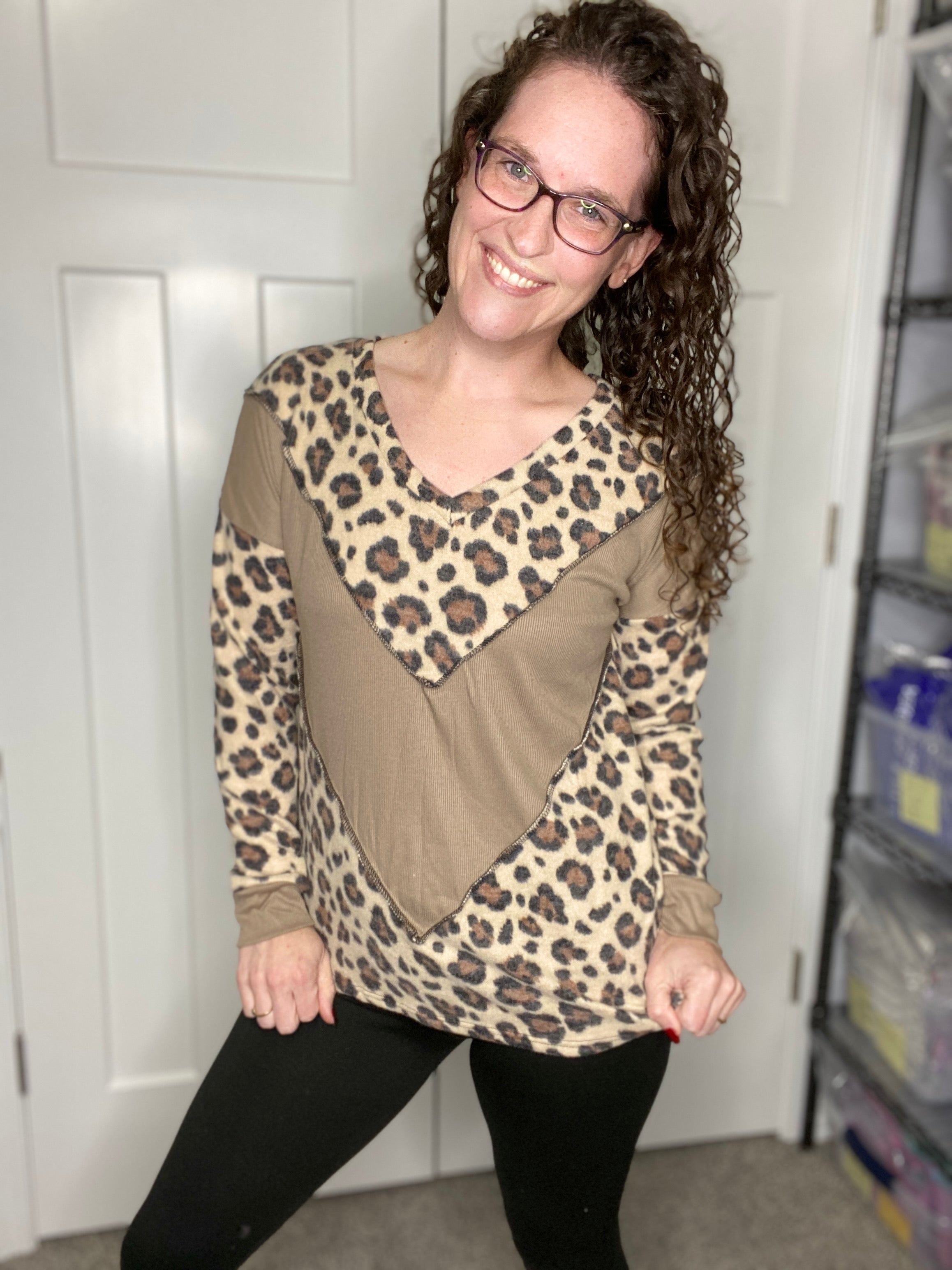 Mixed Material Leopard Chevron Pullover