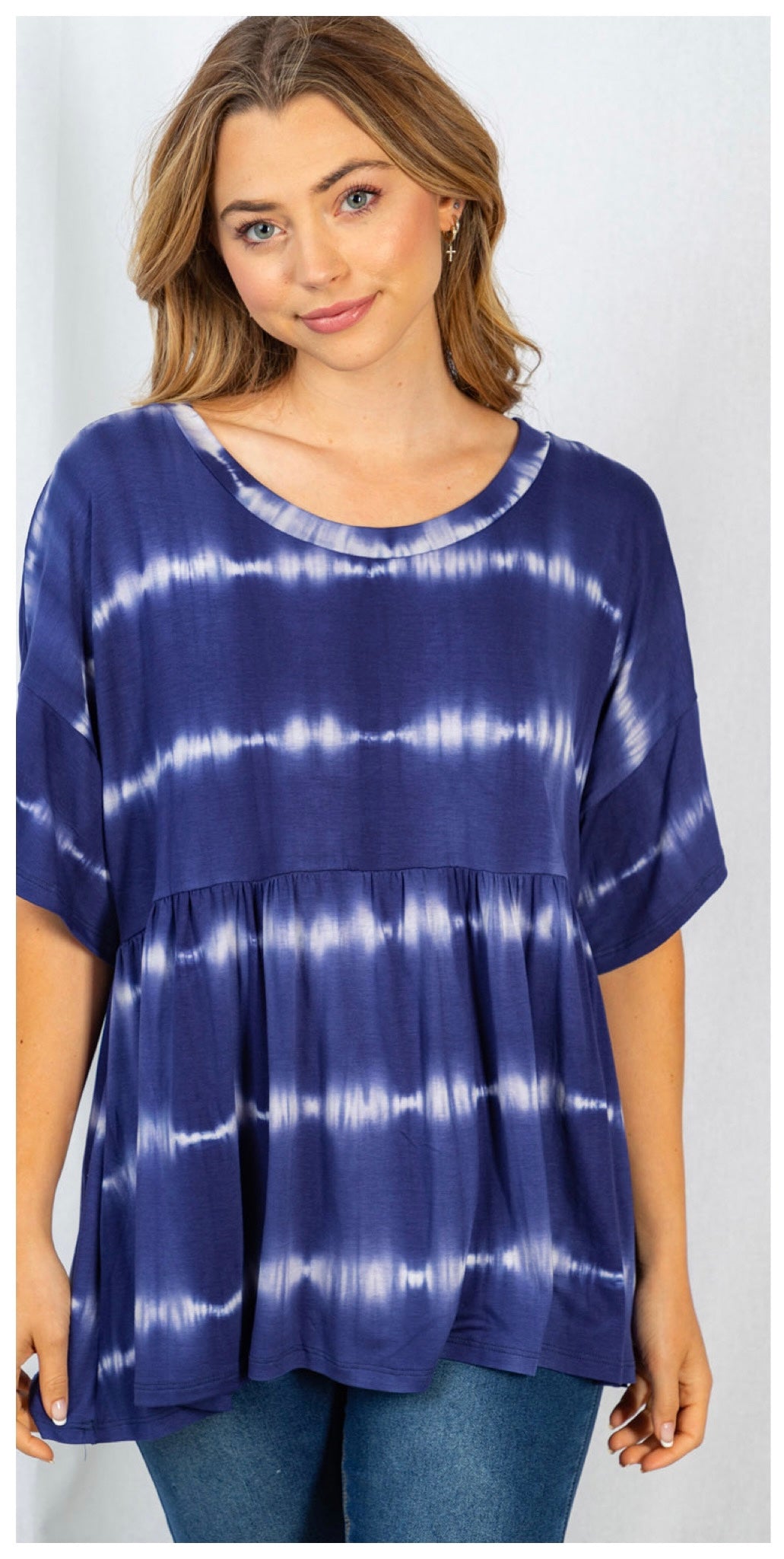 Navy Fade Tie Dye Striped Peplum Top