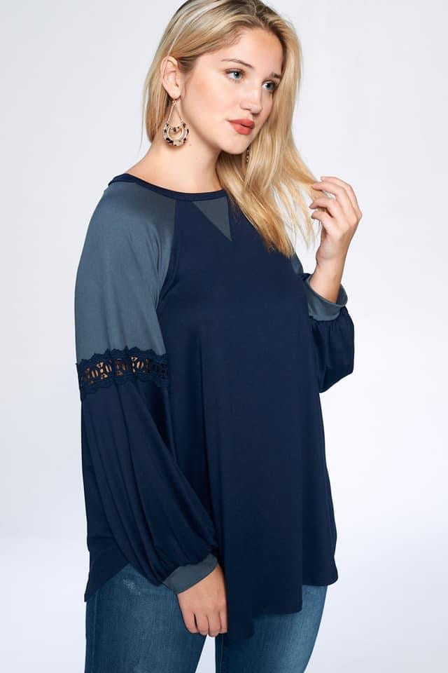 Navy Balloon Sleeve Top with Lace Detail