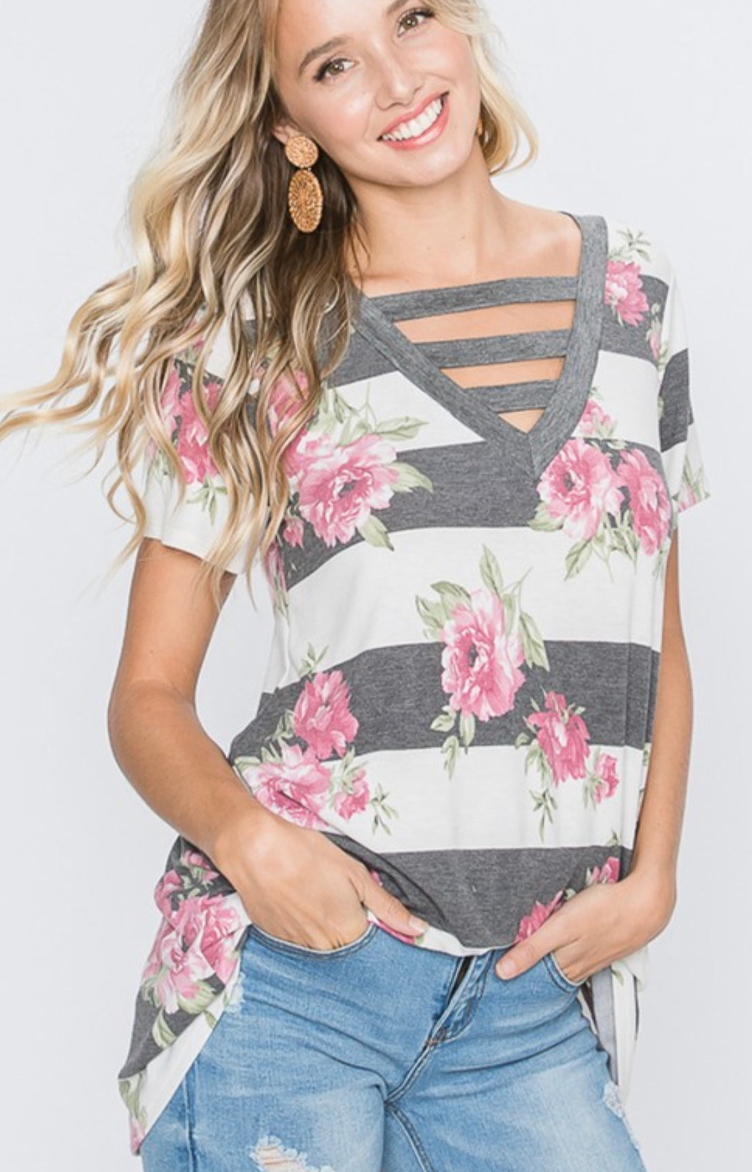 Floral & Striped Bar Detail Top