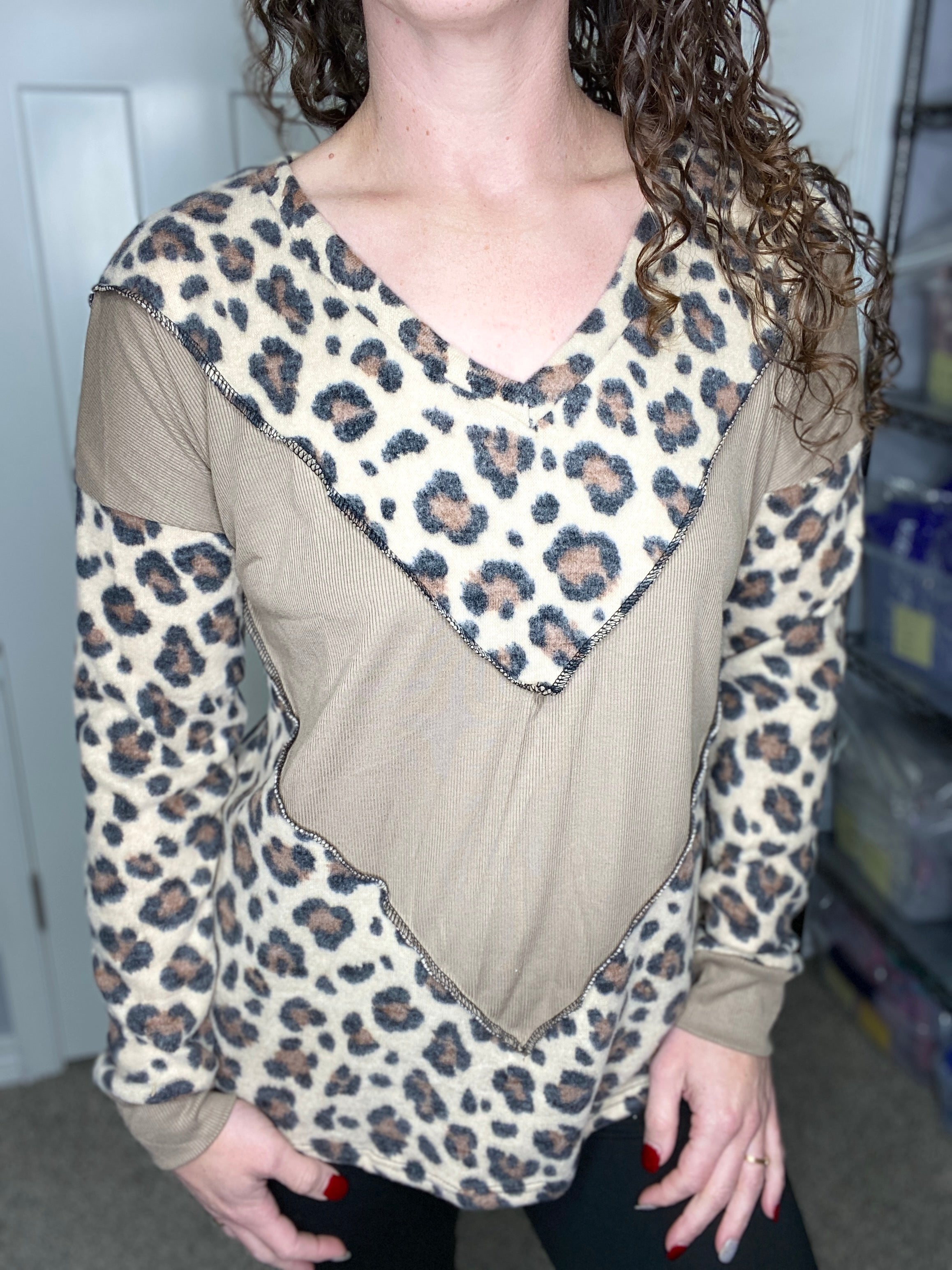 Mixed Material Leopard Chevron Pullover