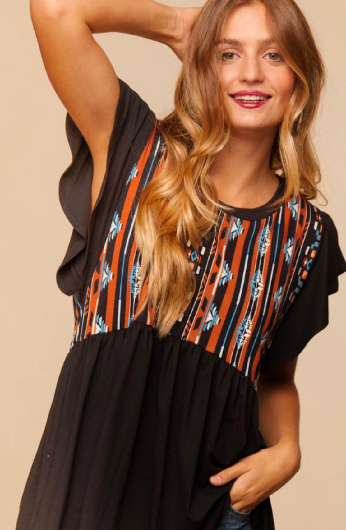 Western Vibe Aztec Ruffle Top