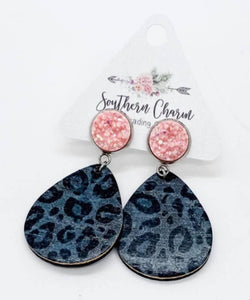 2" Pink Shimmer Druzy & Grey Leopard Dangle Corkies