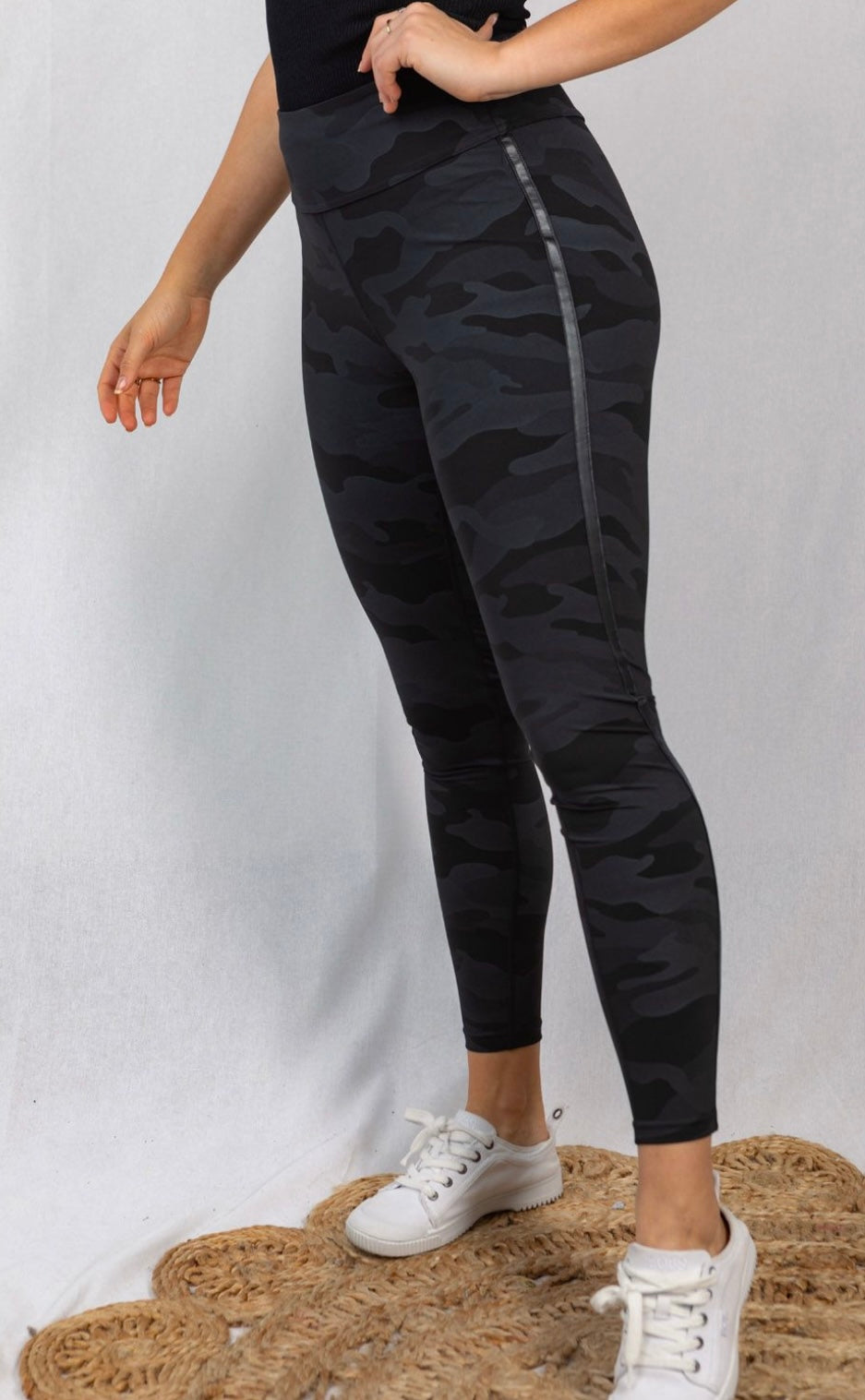 Black Camo Leather Detail Leggings