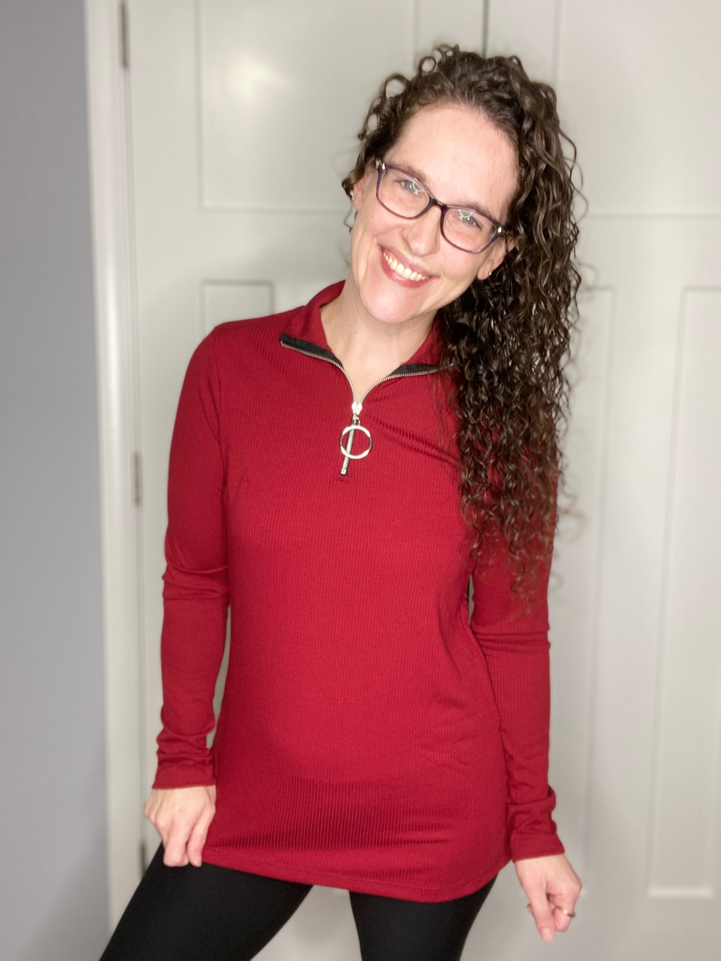 Ribbed Half Zip Long Sleeve Top - BURGUNDY