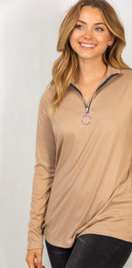 Ribbed Half Zip Long Sleeve Top - TAUPE