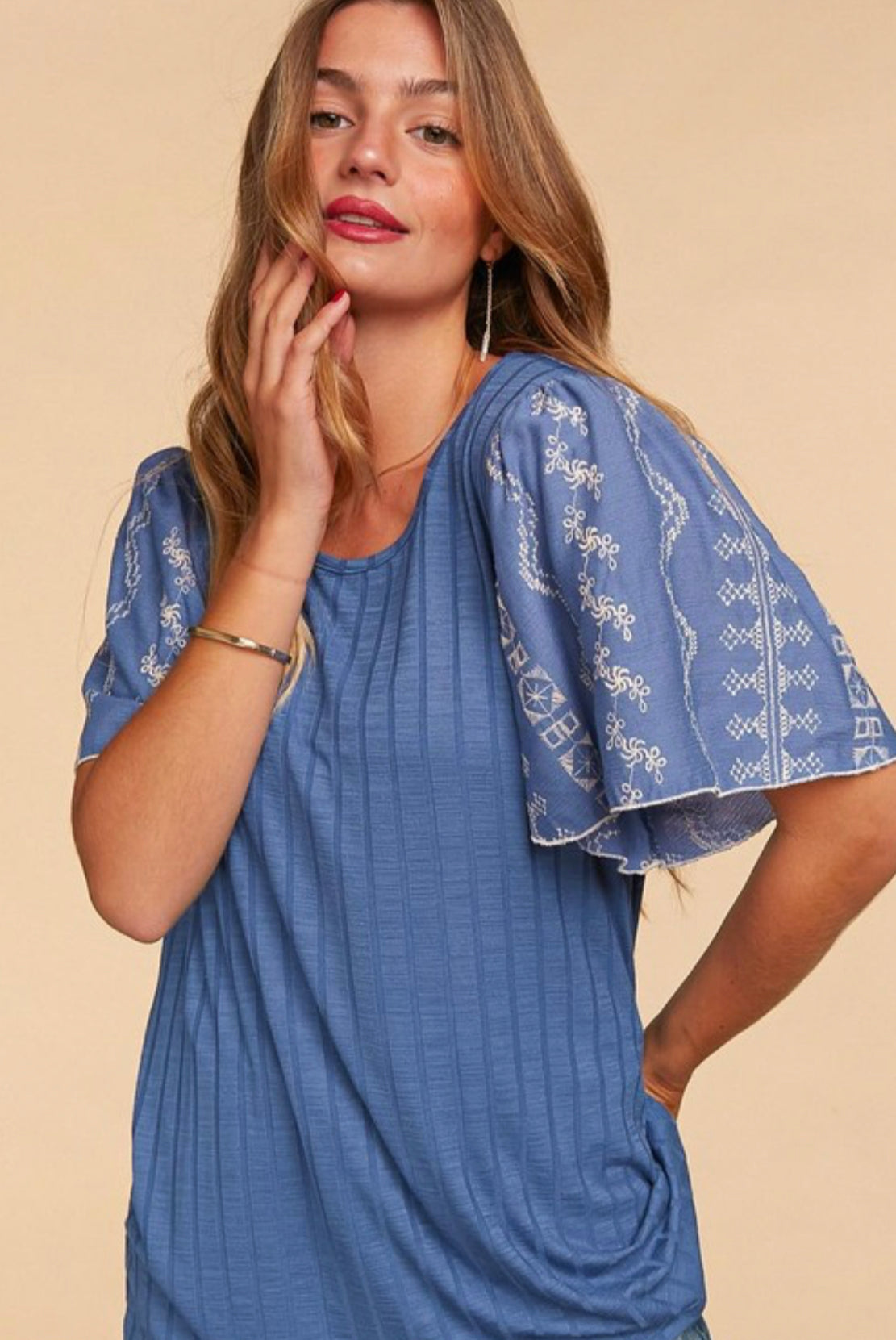 Denim Blue Embroidered Bell Sleeve Top