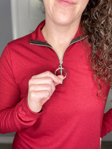 Ribbed Half Zip Long Sleeve Top - BURGUNDY