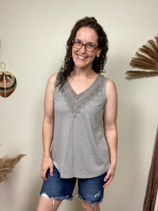 Grey Lace Trimmed VNeck Tank