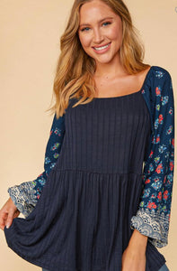 Navy Floral & Lace Border Peplum Blouse