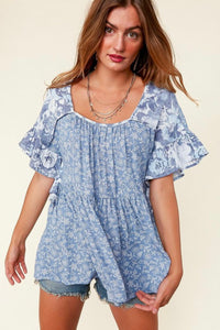 Denim Floral Peplum Top