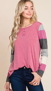 Pink Color Block Stripe Sleeve Top